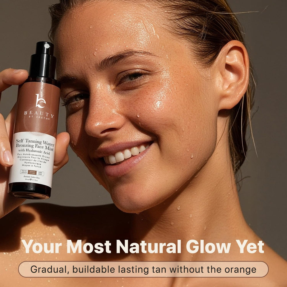 Beauty by Earth Sunless Tan Mist on fair skin demonstrates a subtle, natural color range.