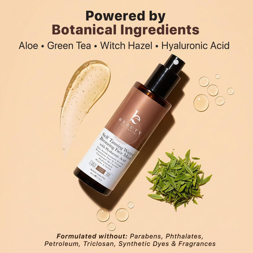 Beauty by Earth Bronzing Spray Mist on skin-friendly setup suggests easy daily tanning ritual.