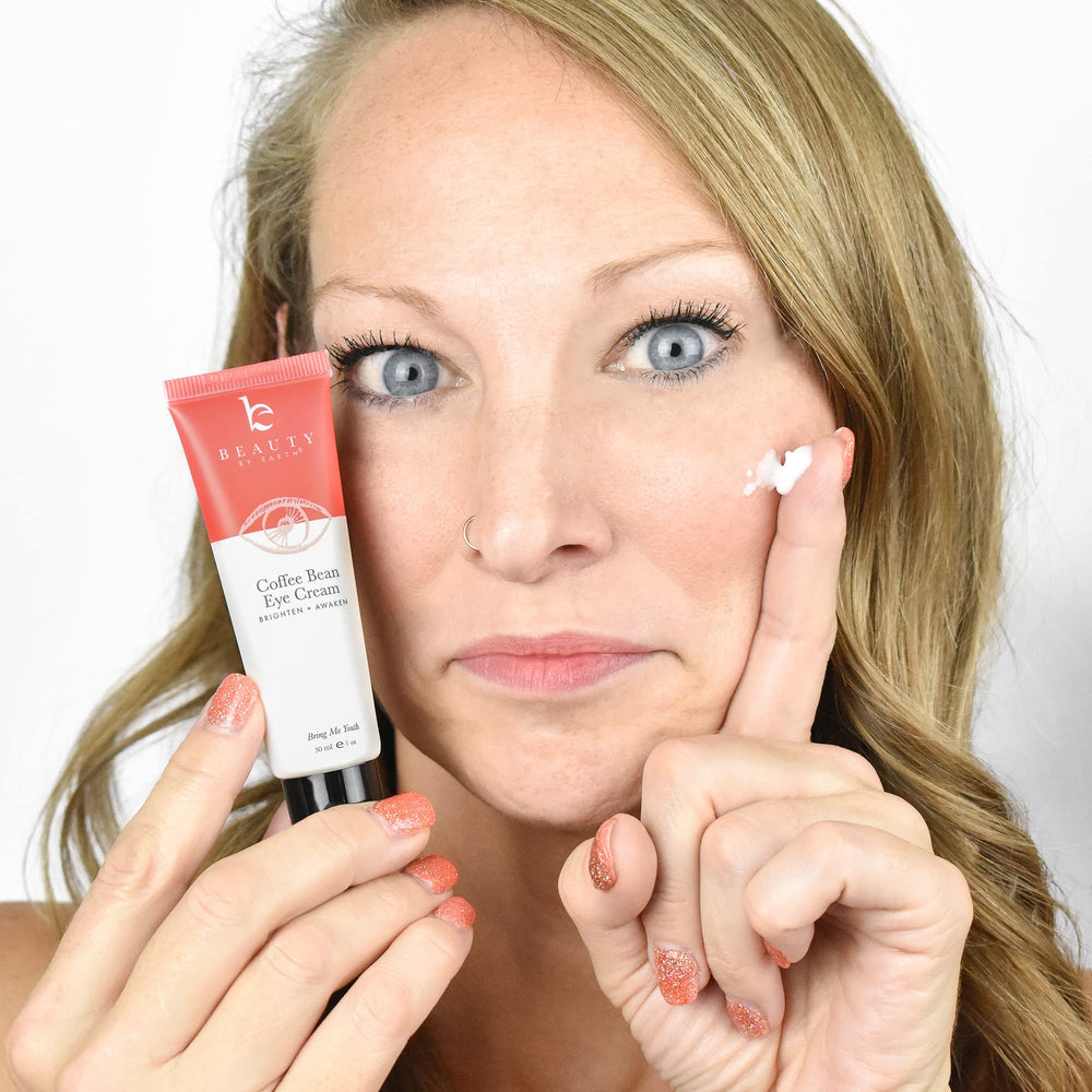 Beauty by Earth caffeine eye cream closeup brightening under-eye area with soothing texture