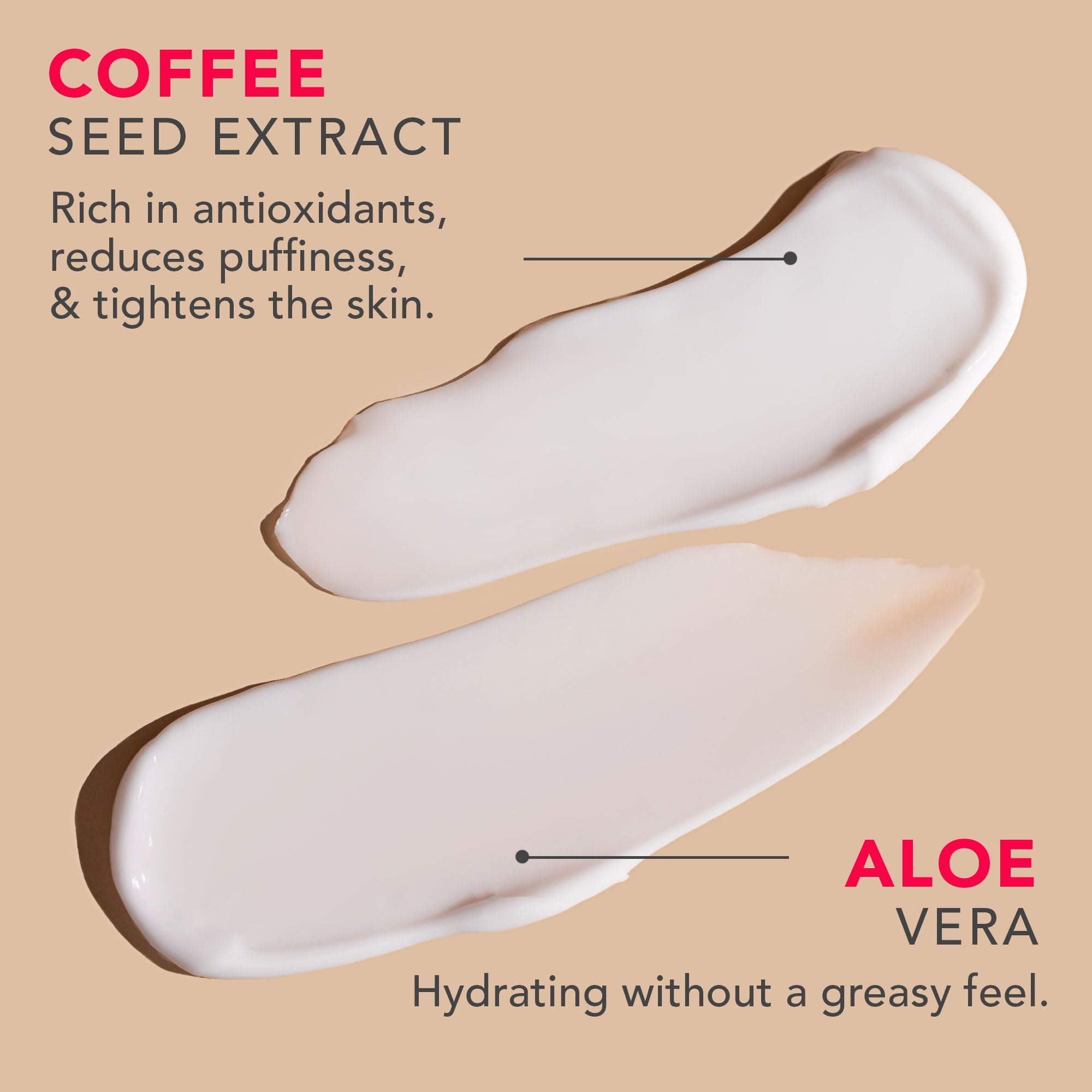 Beauty by Earth caffeine eye cream glycerin vitamin E bottle emphasizing hydrating formula