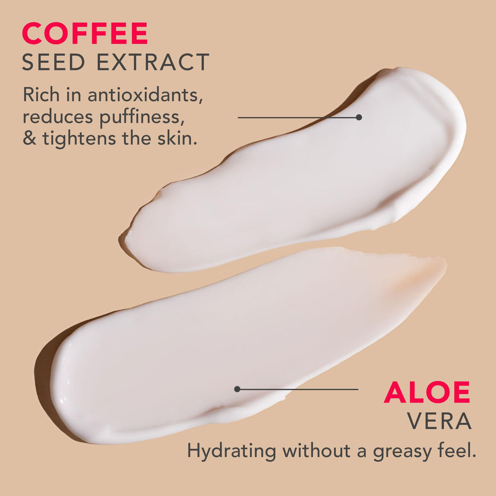 Beauty by Earth caffeine eye cream glycerin vitamin E bottle emphasizing hydrating formula