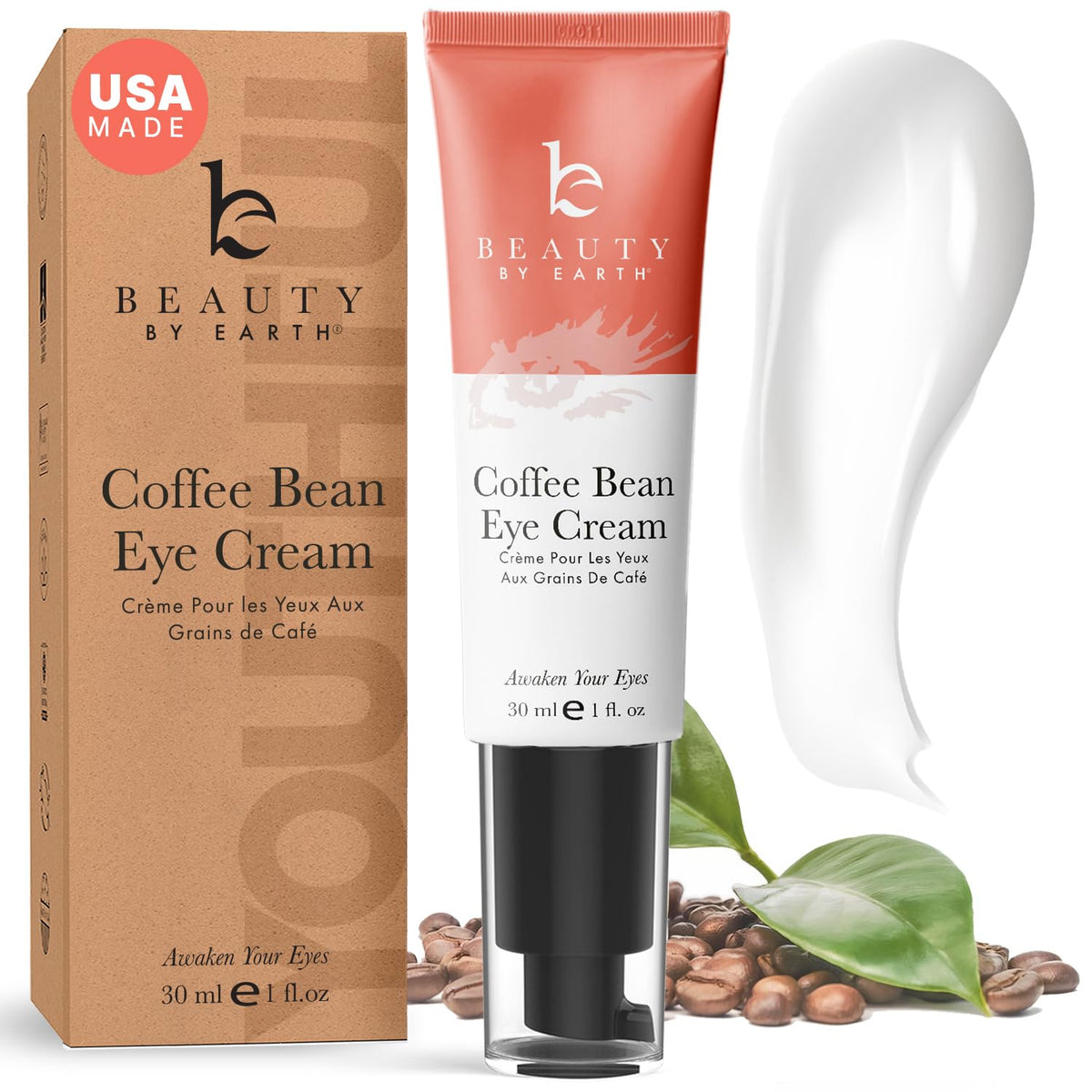 Beauty by Earth caffeine eye cream US-made tube closeup showing quality packaging for refreshed under-eyes