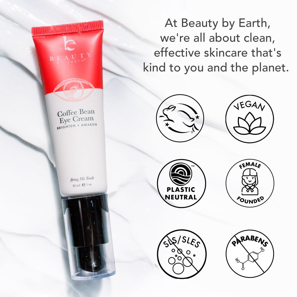 Beauty by Earth caffeine eye cream USA-made packaging on clean vanity