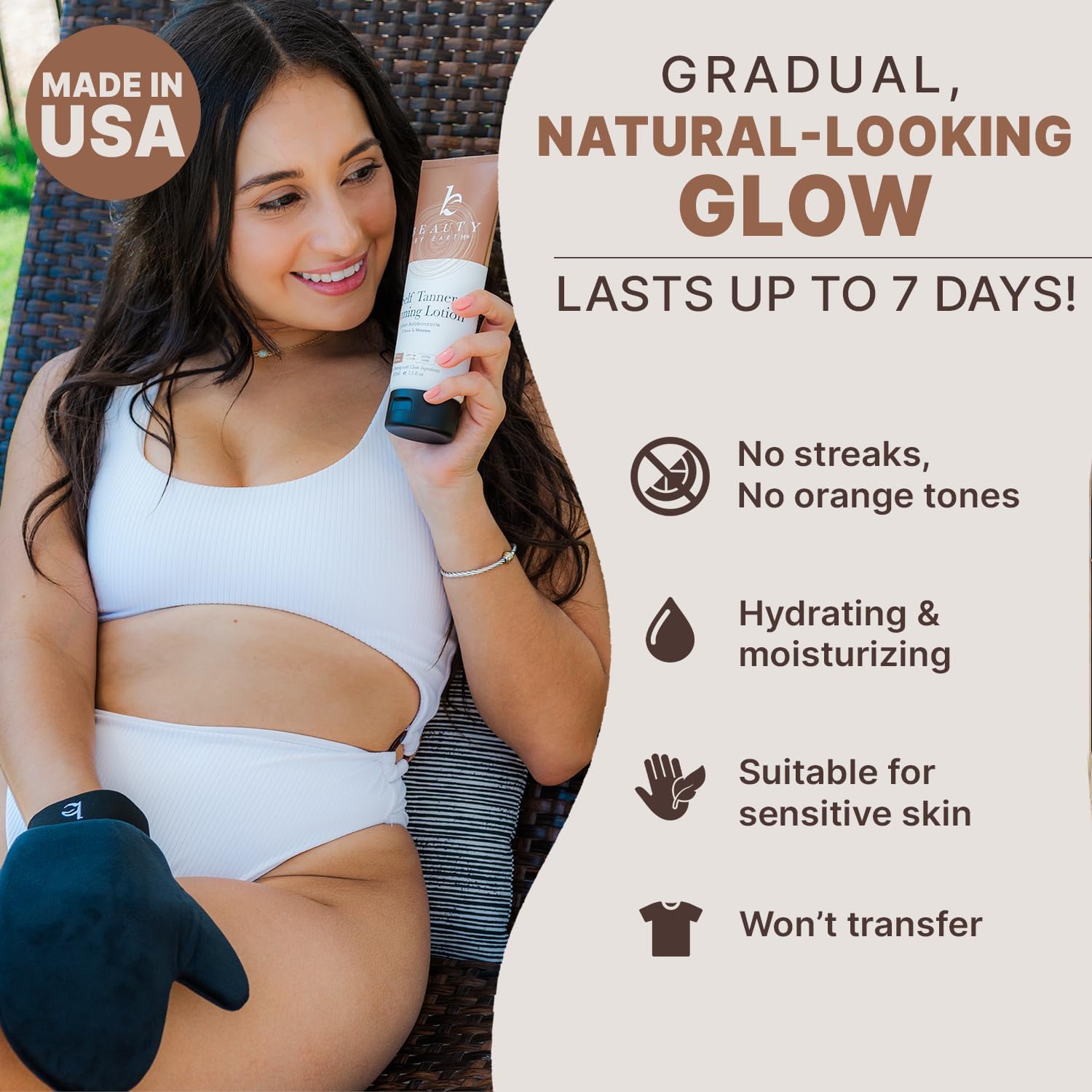 Beauty by Earth exfoliating mitt preps skin for flawless self-tanning results.