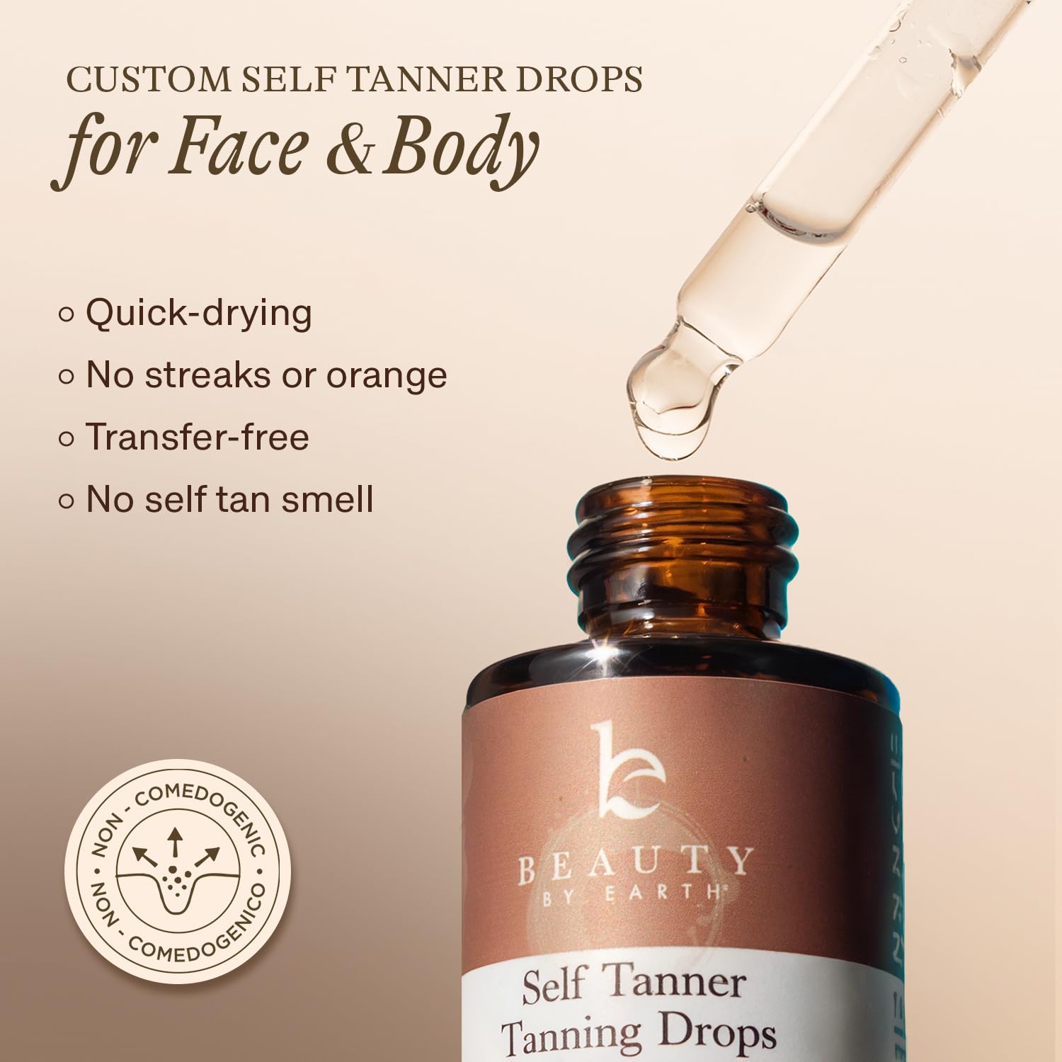 Beauty by Earth self tanning drops on the face demonstrate a buildable medium tan.