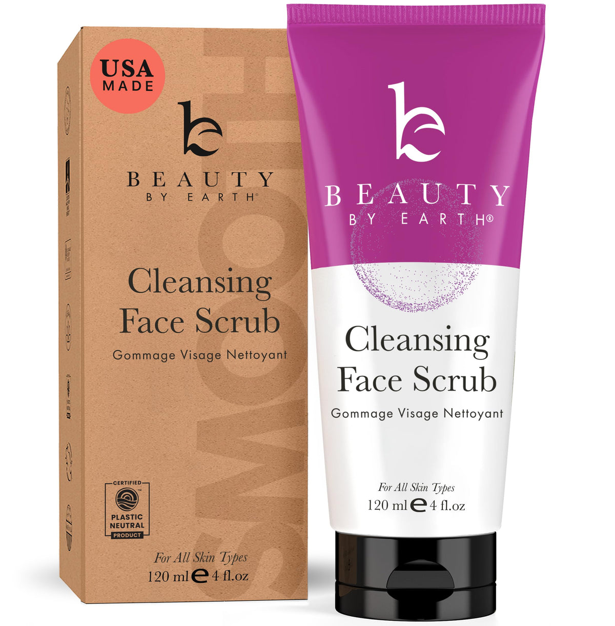 Beauty by Earth face scrub jar closeup showing gentle exfoliation for radiant skin