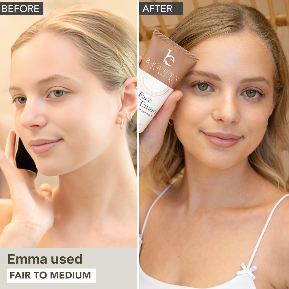Beauty by Earth face tanner application swatch demonstrates gradual, subtle glow.