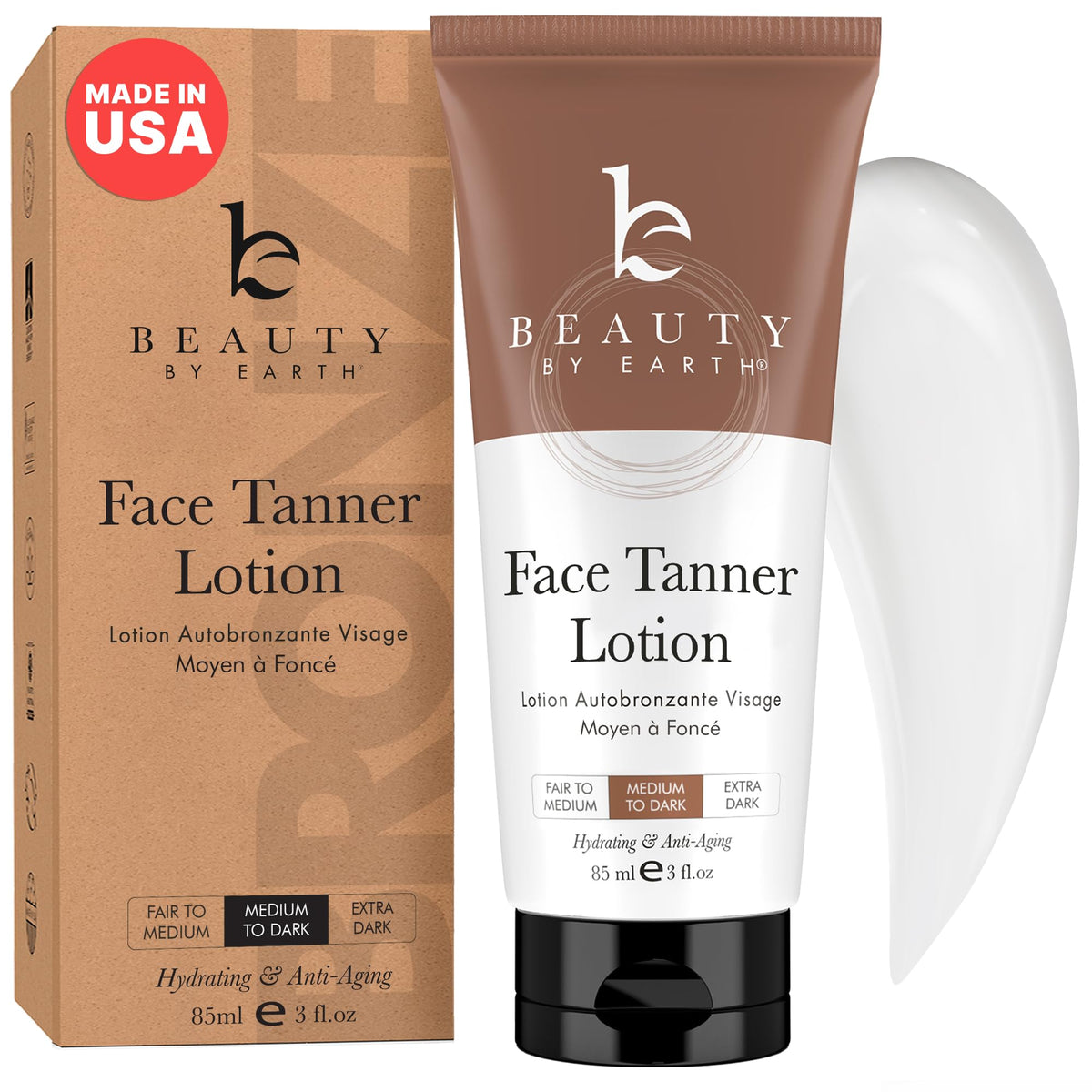 Beauty by Earth Face Tanner bottle closeup highlights a natural glow potential.
