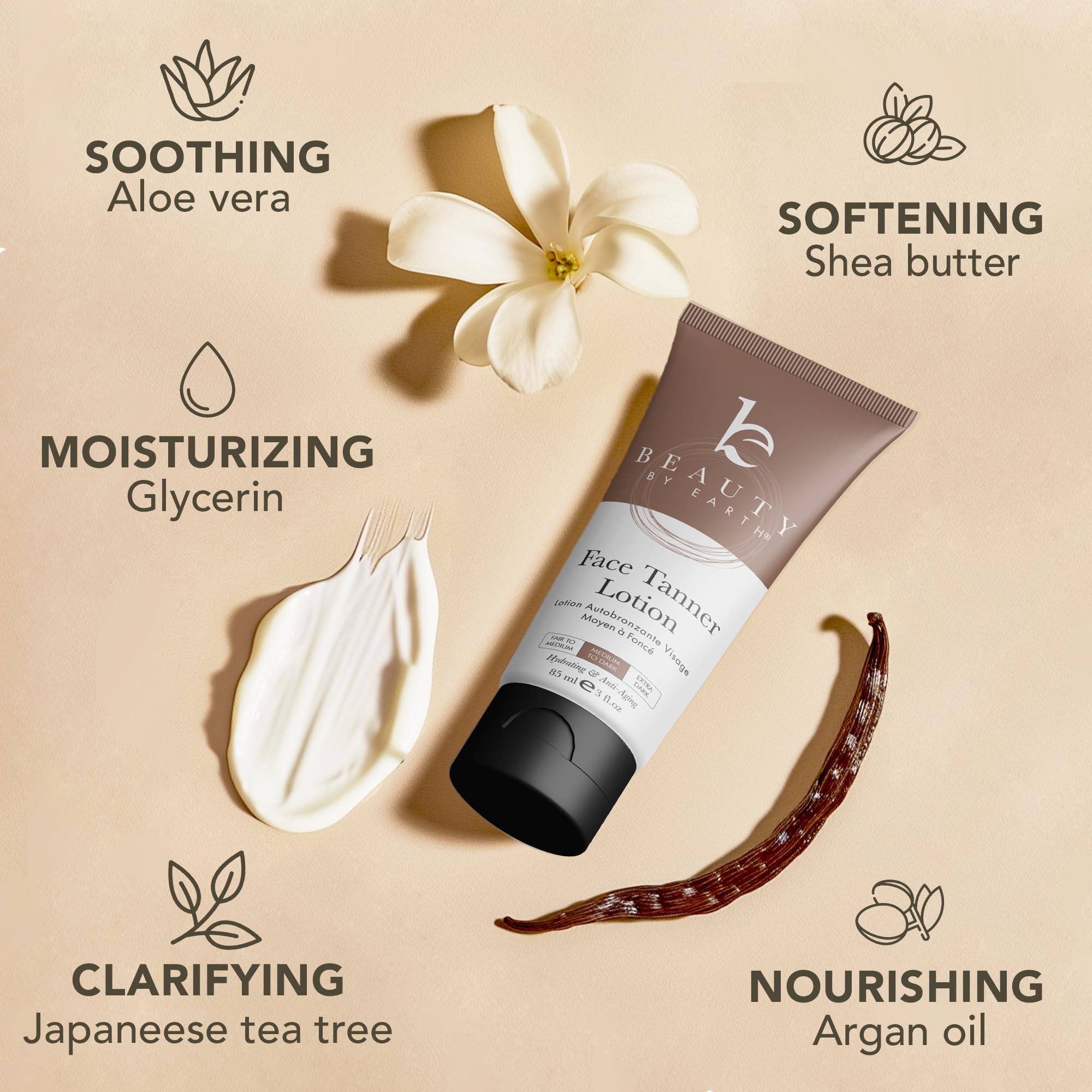 Beauty by Earth Face Tanner demonstrates gradual color build for longer-lasting glow.