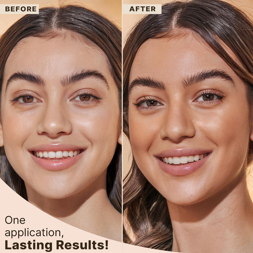 Beauty by Earth Face Tanner Serum pump demonstrates quick-dry makeup routine
