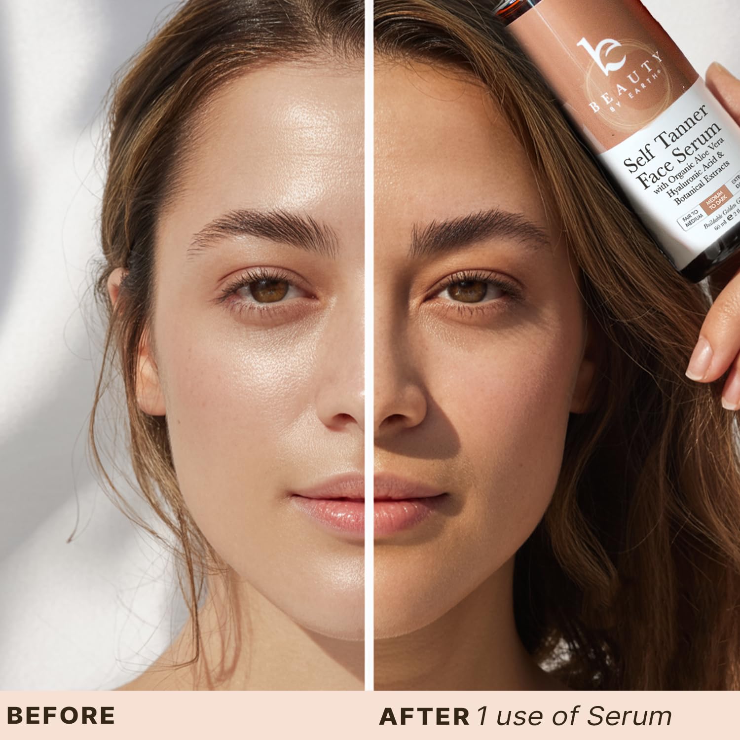 Beauty by Earth Face Tanner Serum vanity setup highlighting USA-made clean beauty