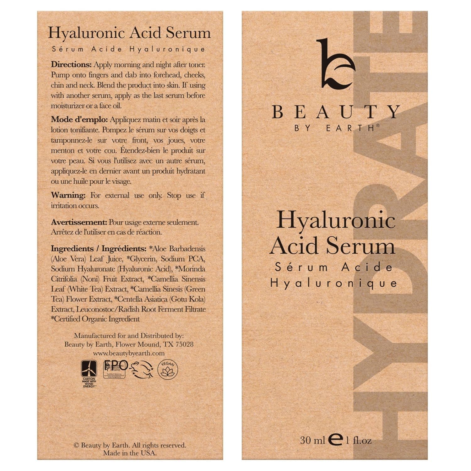 Beauty by Earth hyaluronic serum nightly routine on bathroom shelf
