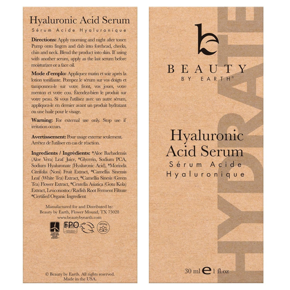 Beauty by Earth hyaluronic serum nightly routine on bathroom shelf