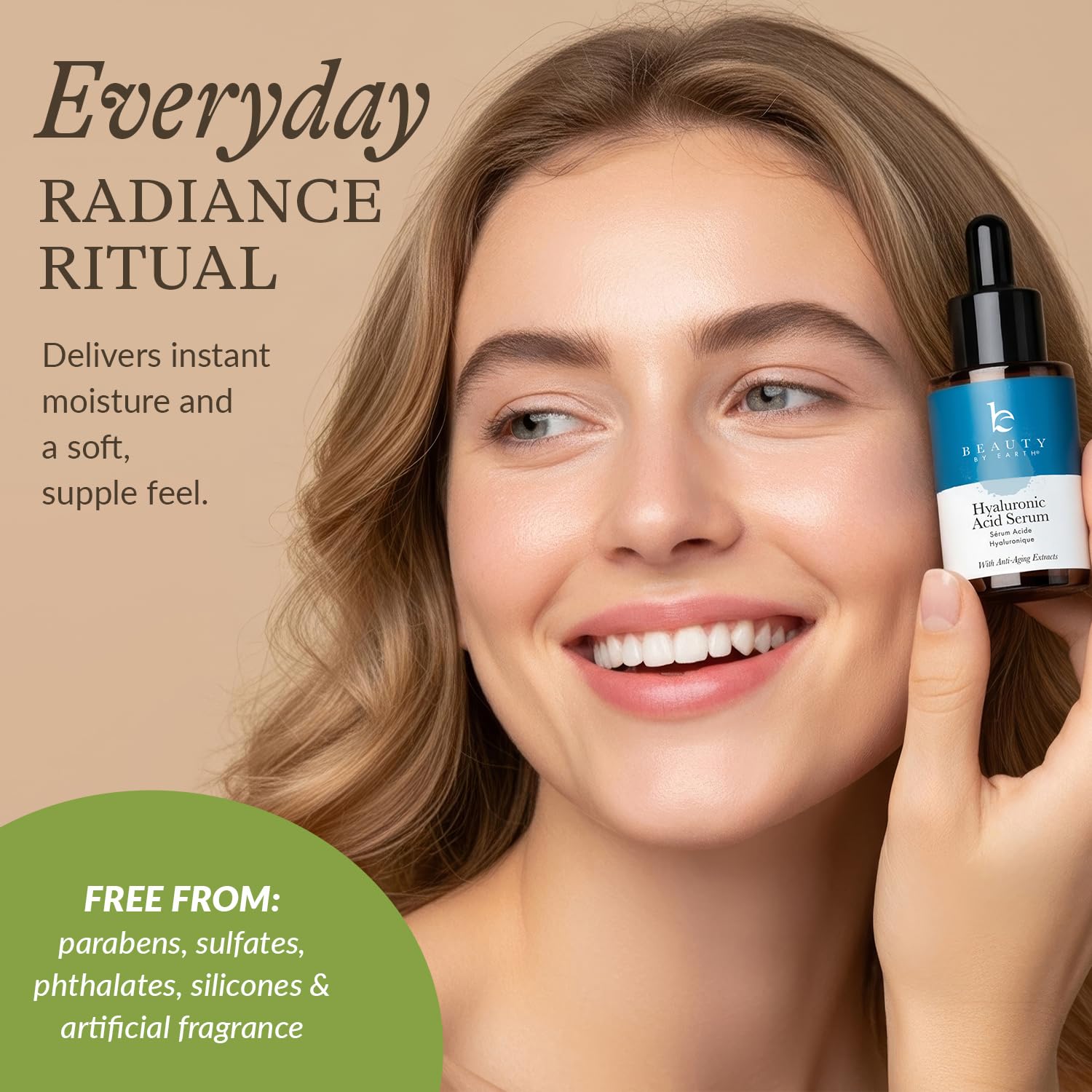 Beauty by Earth hyaluronic serum on skin delivering lasting moisture