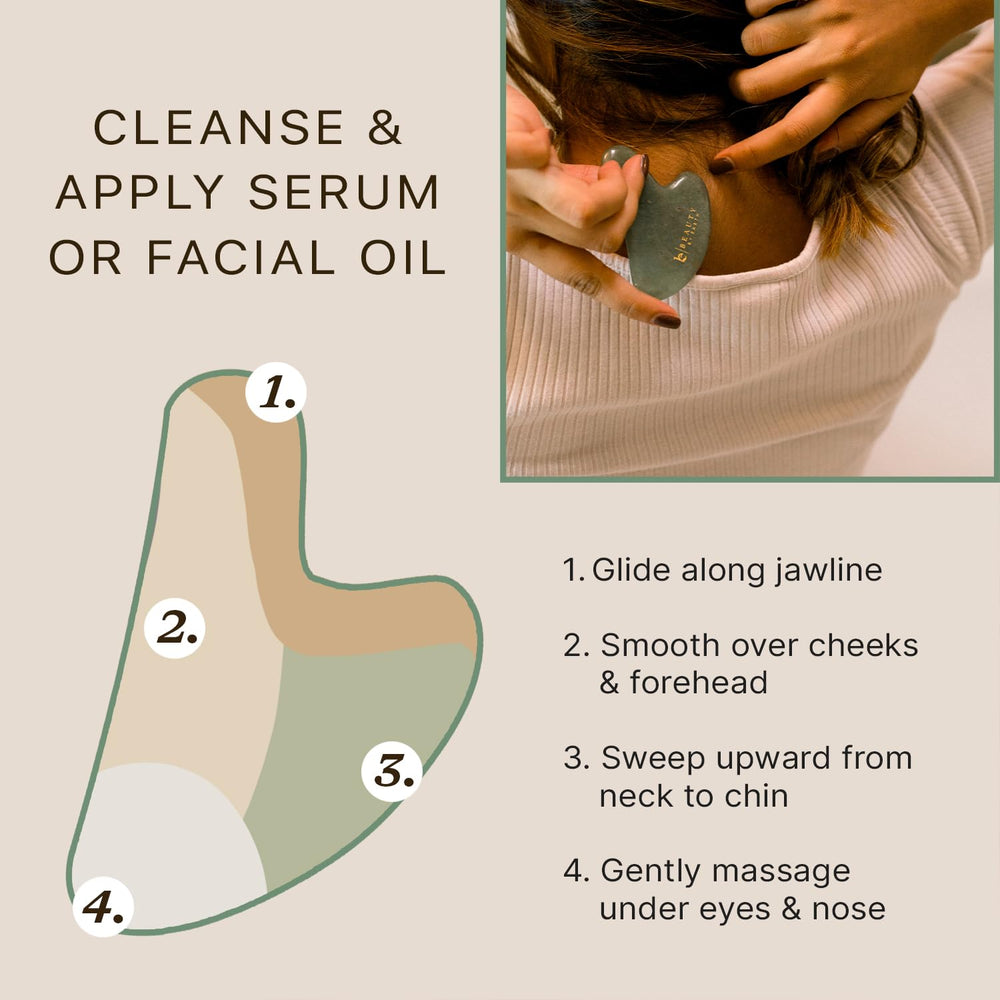 Beauty by Earth jade gua sha jawline sculpting use during daily skincare routine.