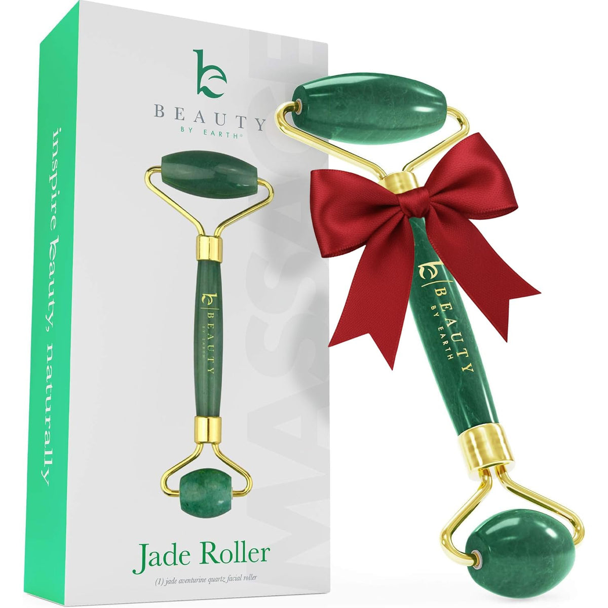 Beauty by Earth Jade Roller face closeup—smooth texture for better serum absorption.
