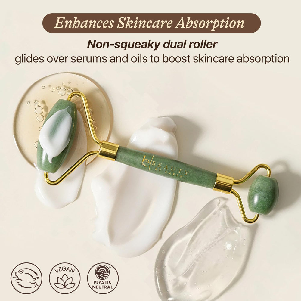 Beauty by Earth Jade Roller promotes gentle lymphatic drainage for calm, refreshed skin.