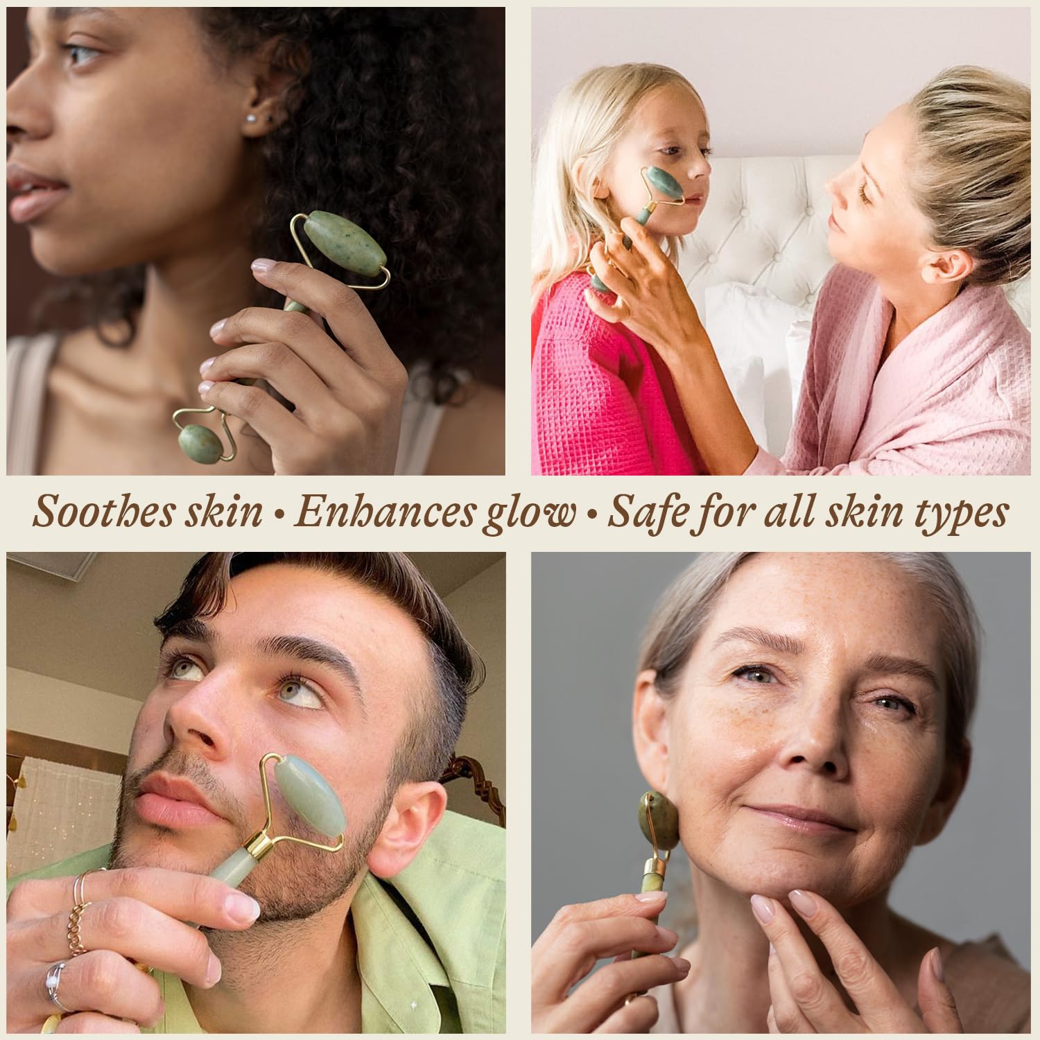 Beauty by Earth Jade Roller neck and facial massage tool supports relaxing self-care sessions.