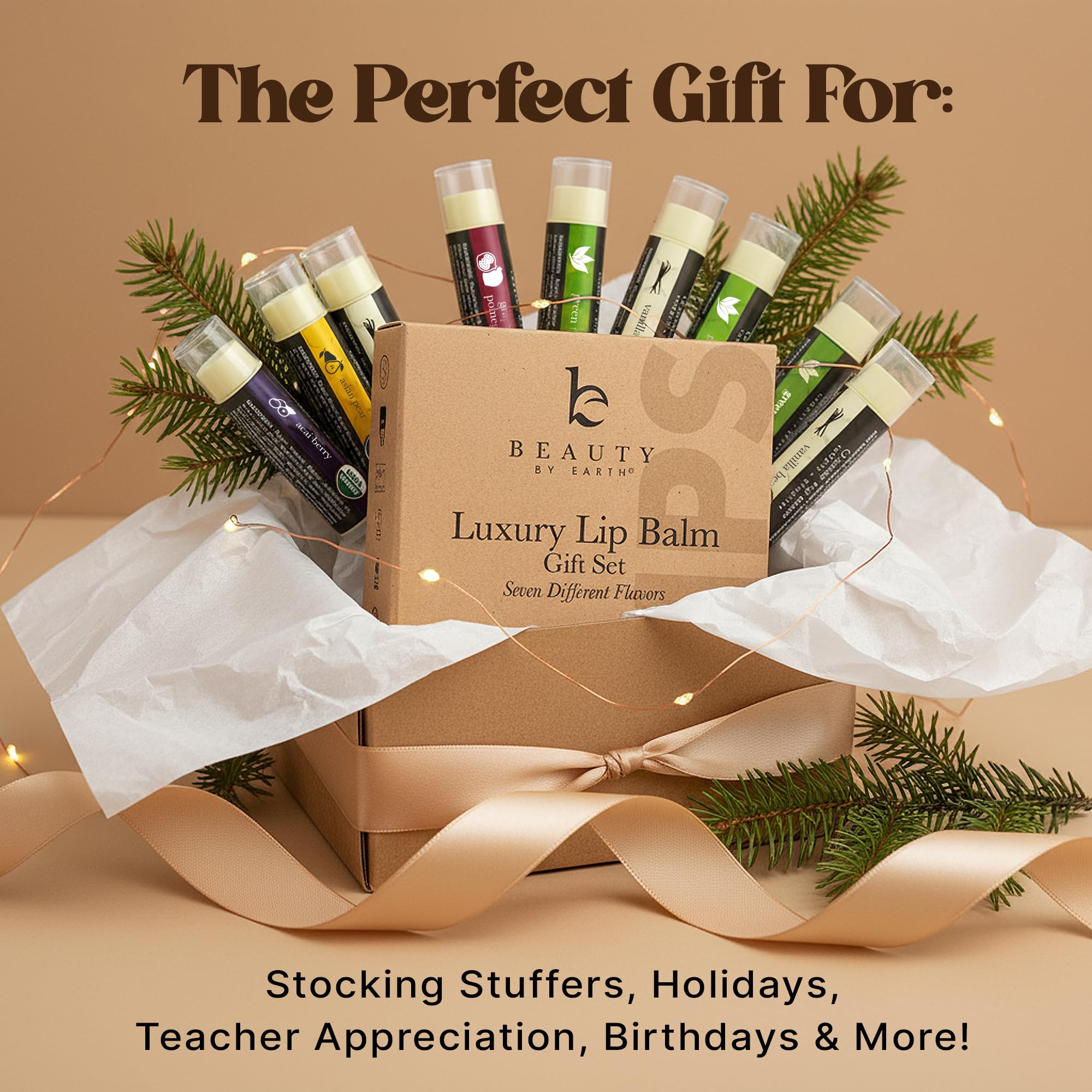 Beauty by Earth lip balm features beeswax, coconut oil, and vitamin E ingredients.