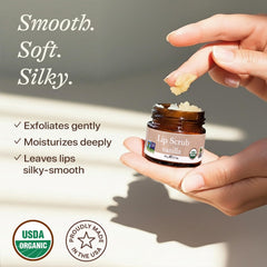 Beauty by Earth lip scrub vanilla texture closeup, micro-sugar granules for non-abrasive care.