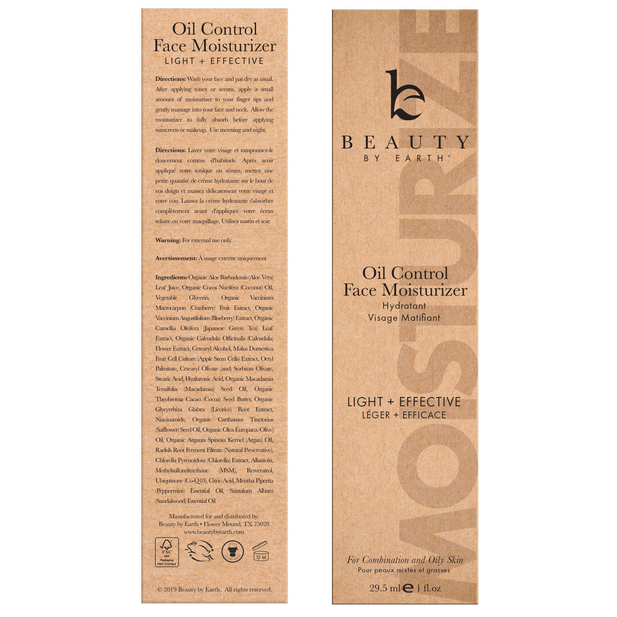 Beauty by Earth ingredient label highlights natural and organic components.