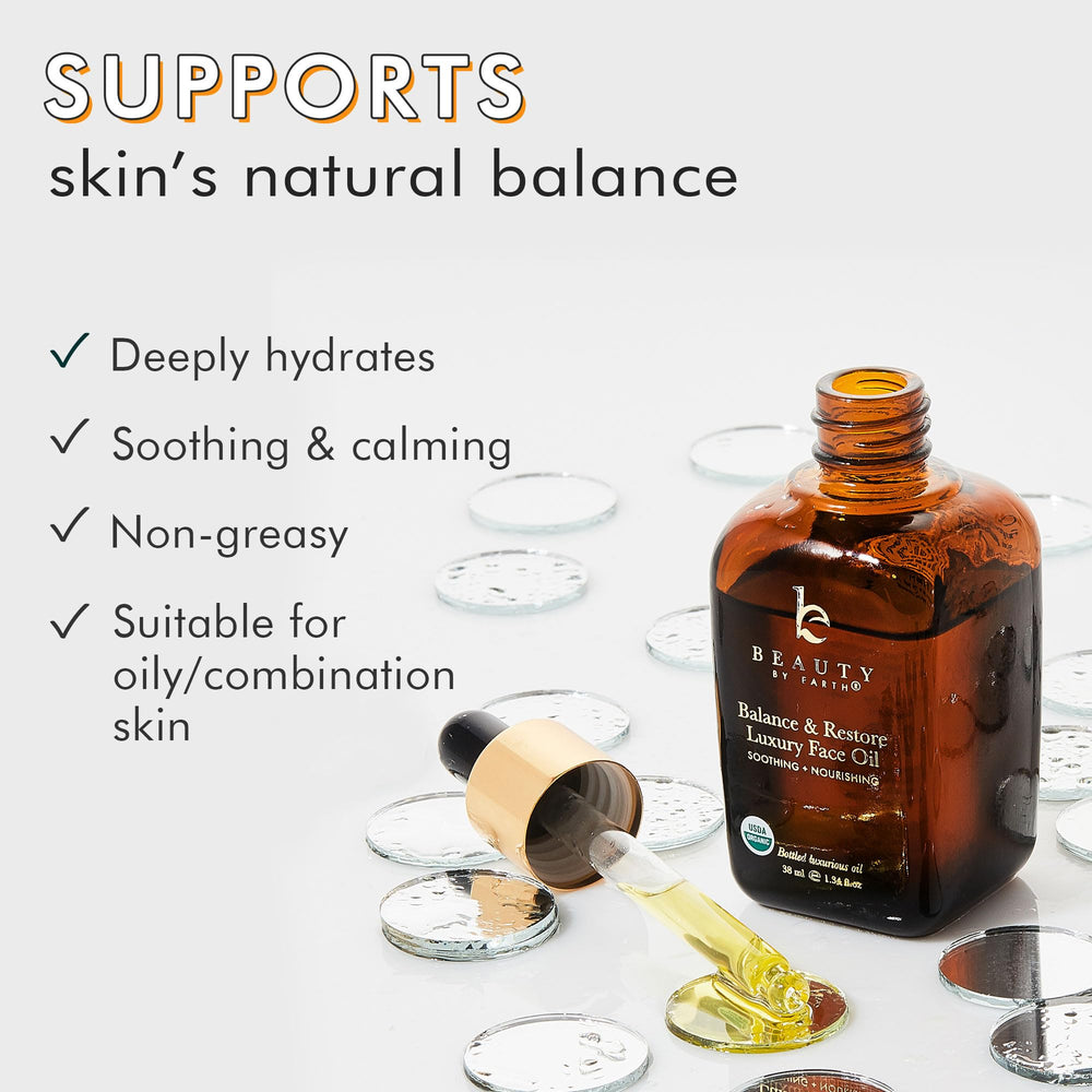 Beauty by Earth oil drop on skin illustrating hydration and natural glow.