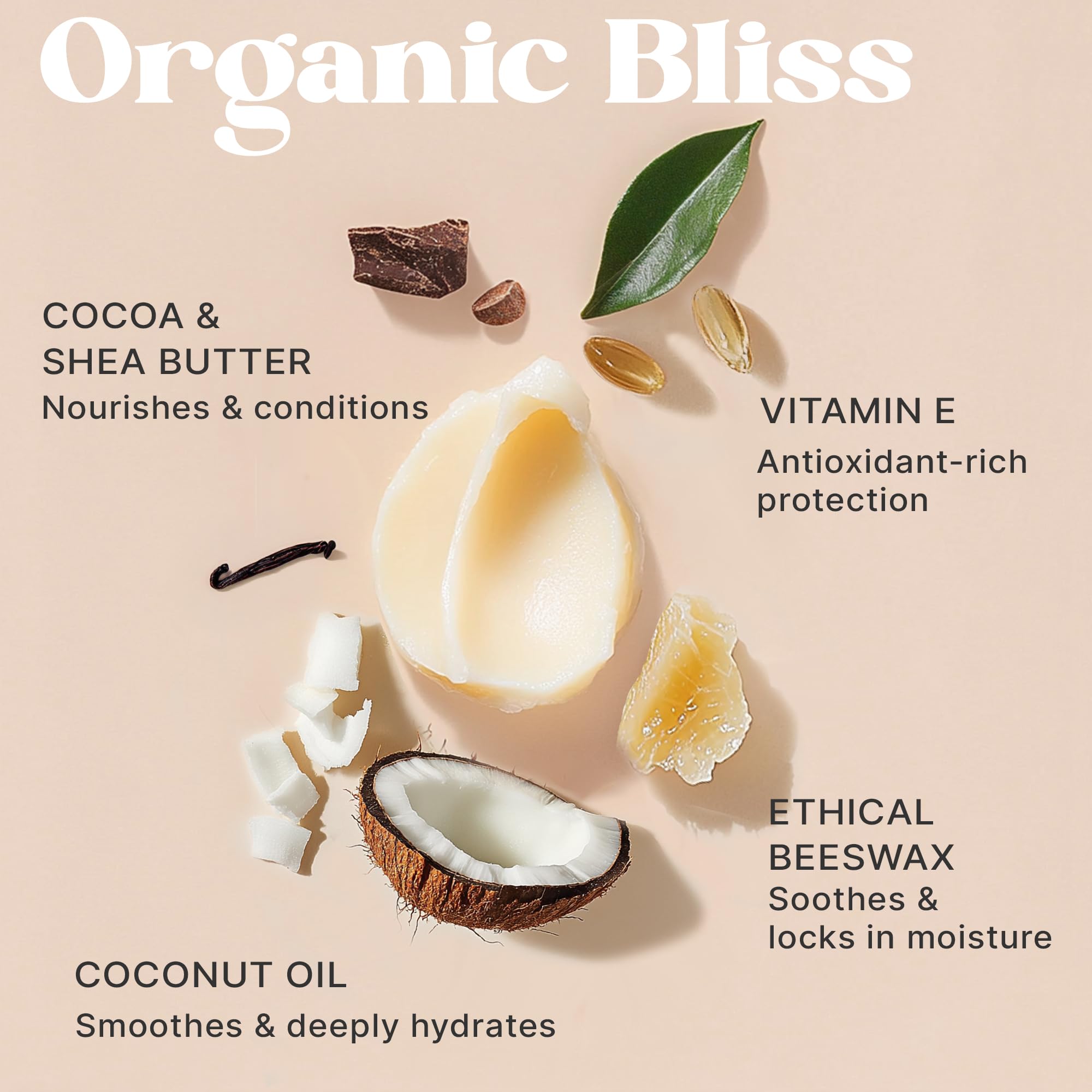 Beauty by Earth organic beeswax and shea butter ingredients visual.