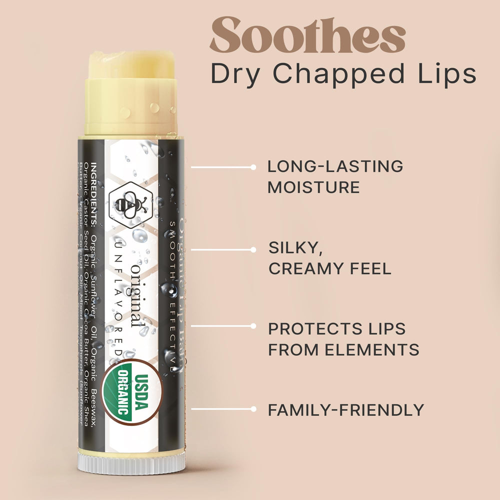 Beauty by Earth lip balm with organic beeswax highlights clean, nourishing ingredients.