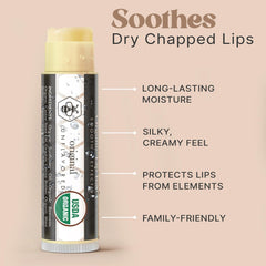 Beauty by Earth lip balm with organic beeswax highlights clean, nourishing ingredients.
