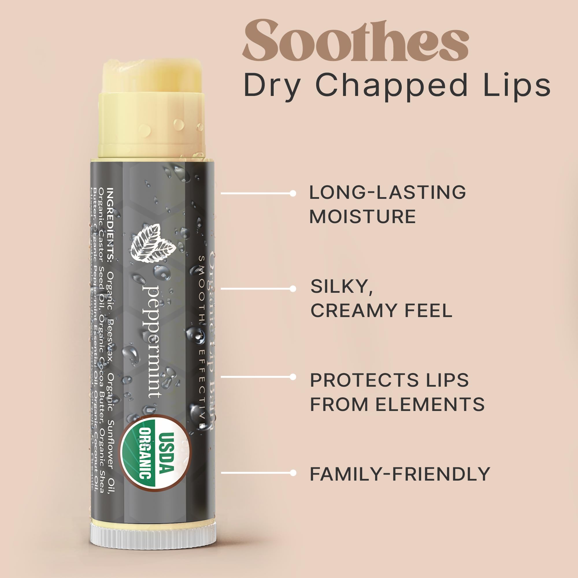 Beauty by Earth peppermint lip balm organic shea butter closeup for long-lasting moisture.