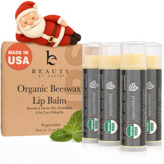 Beauty by Earth peppermint lip balm tube, USA-made, showcasing natural ingredients for lip hydration.