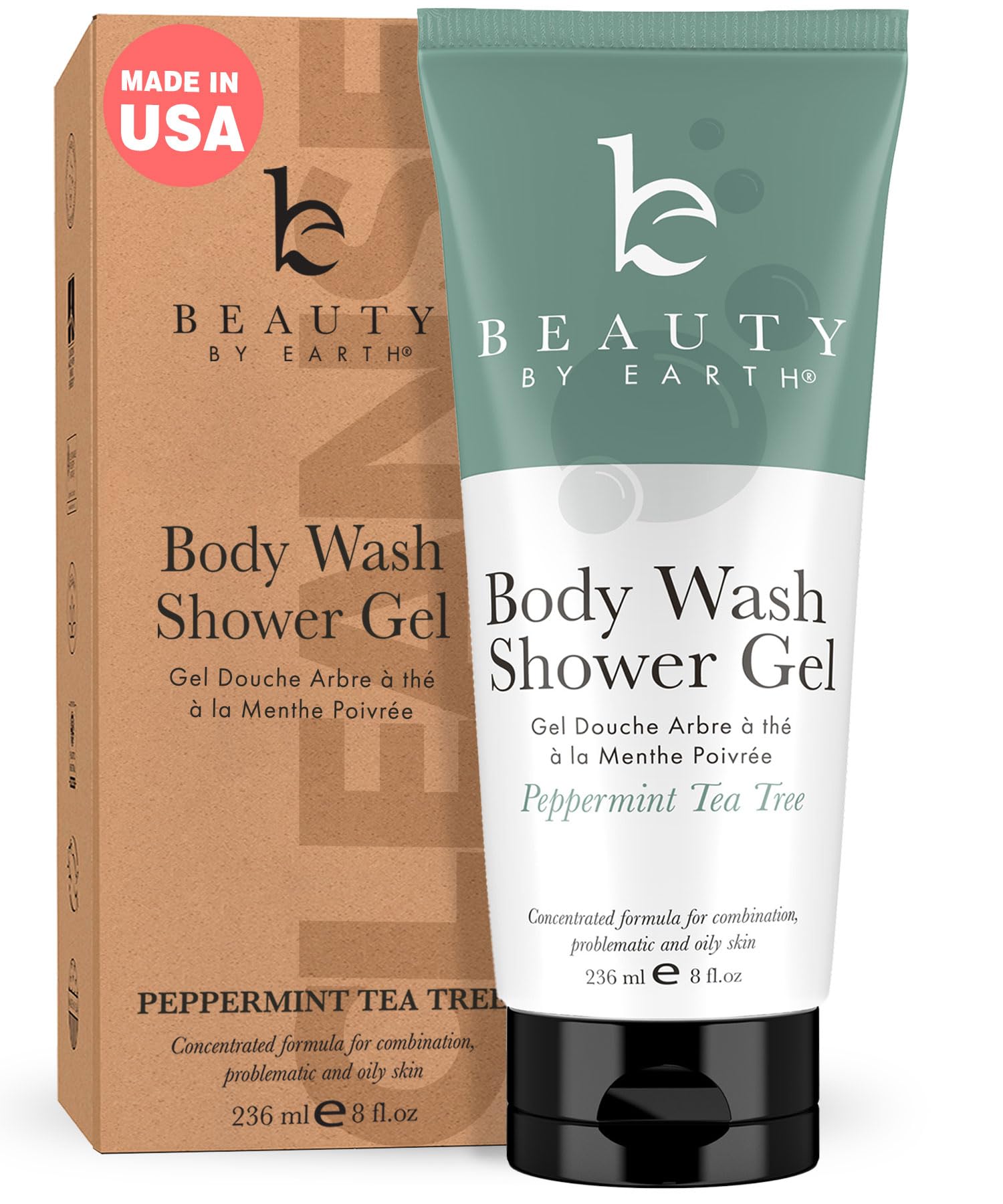 Beauty by Earth peppermint-tea-tree-shower-gel-bottle: refreshing USA-made cleanse for sensitive skin