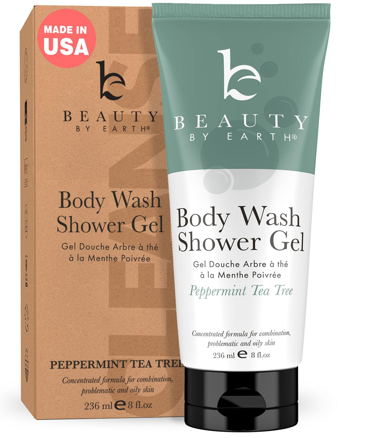 Beauty by Earth peppermint-tea-tree-shower-gel-bottle: refreshing USA-made cleanse for sensitive skin