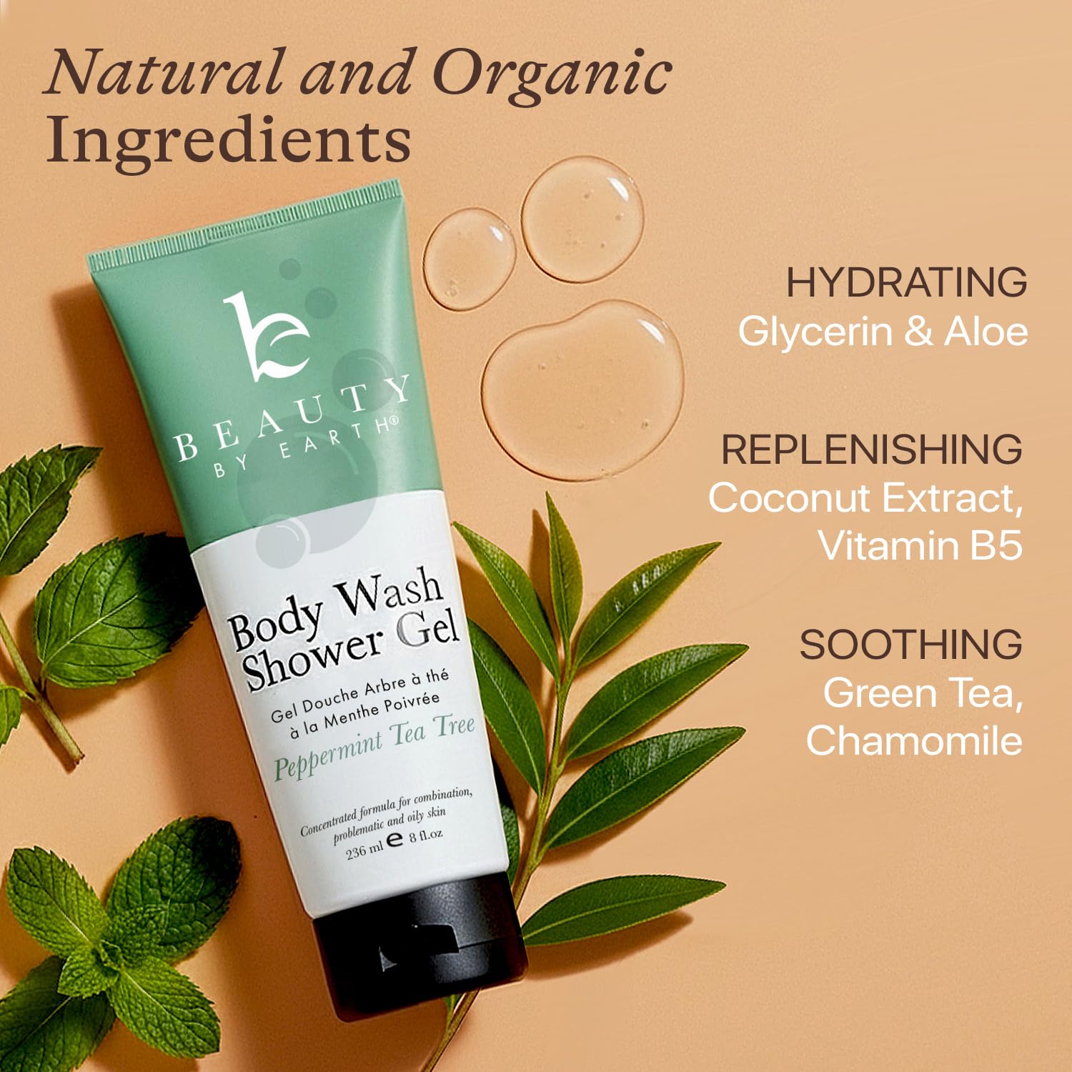 Beauty by Earth peppermint-tea-tree-shower-gel-label-closeup: clear ingredient promise and organic blend