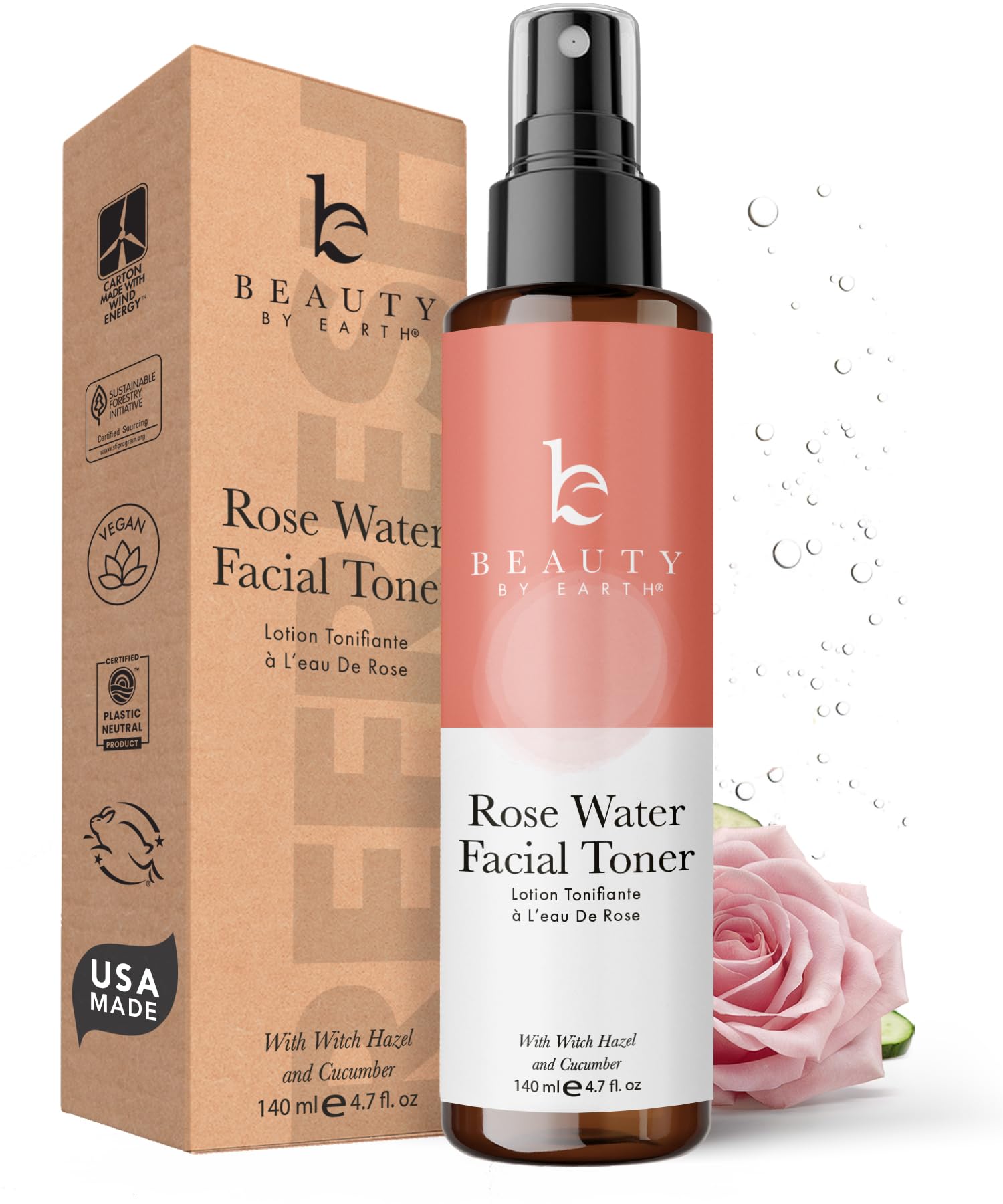 Beauty by Earth – Agua de rosas en spray facial, sin alcohol, ingredientes naturales, hecho en EE. UU.