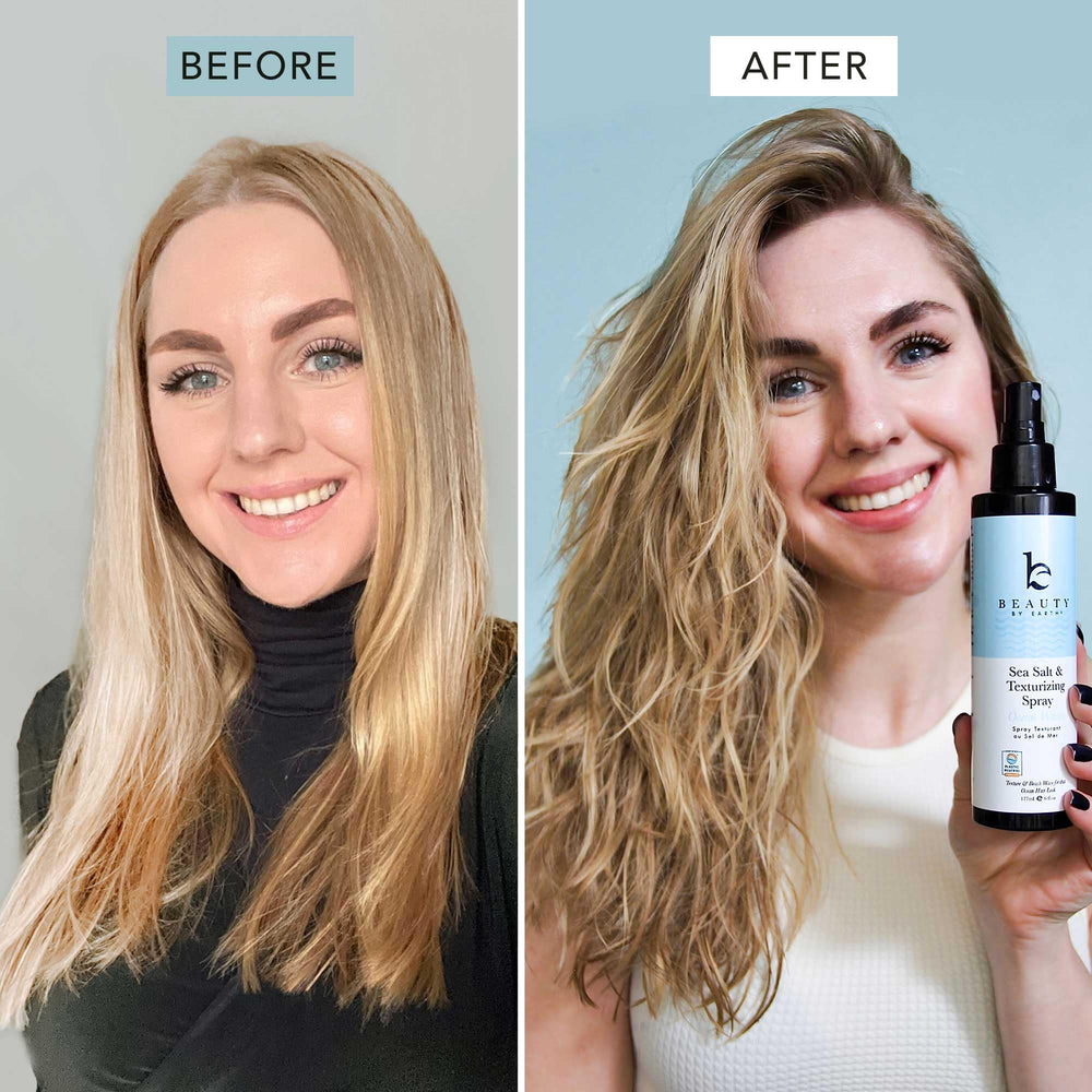 Beauty by Earth Sea Salt Spray being applied for a tousled, beachy look.