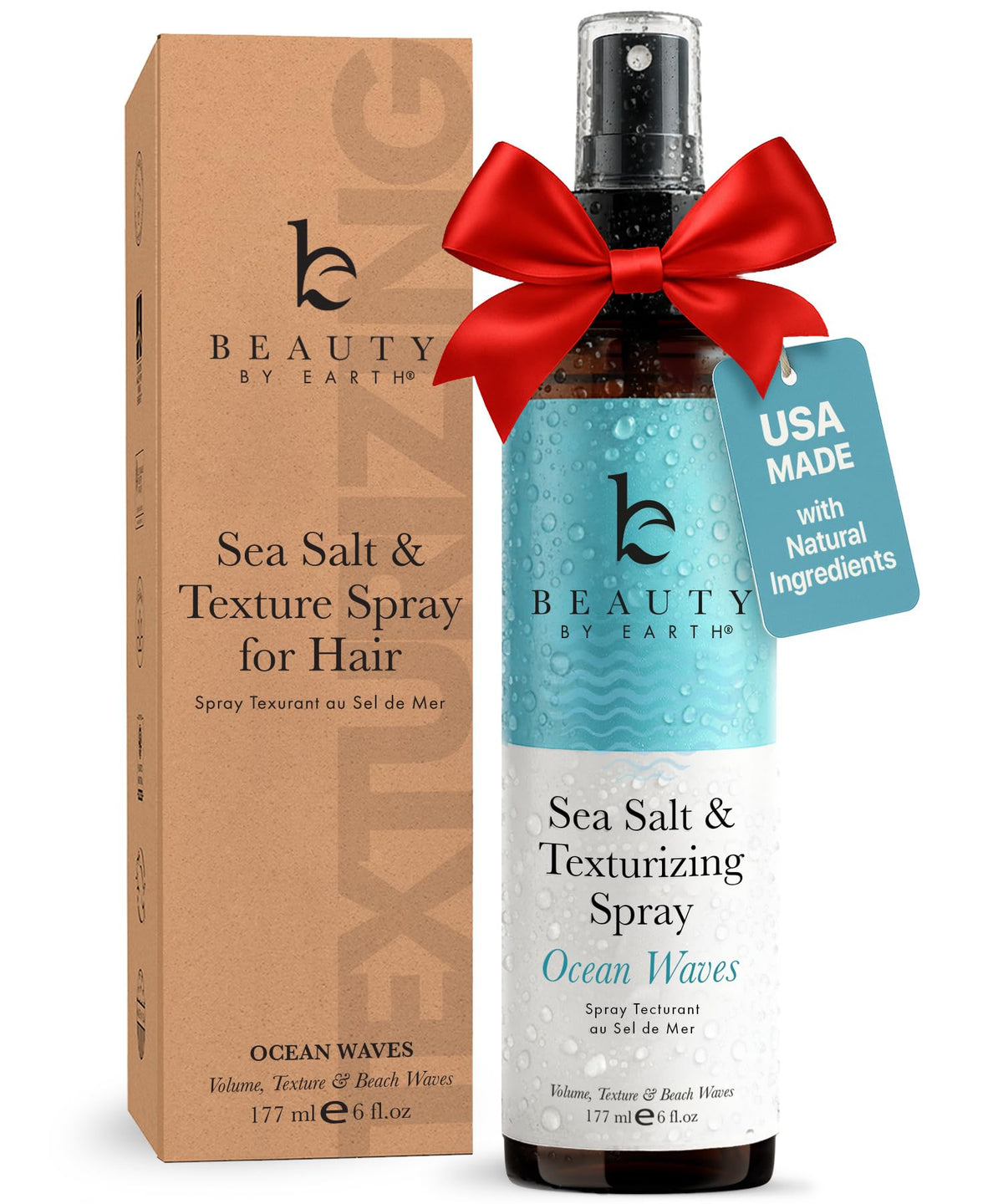 Beauty by Earth Sea Salt Spray bottle for beachy waves and texture.