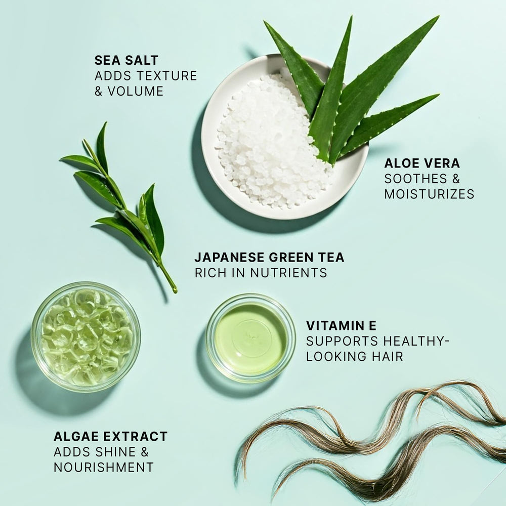 Beauty by Earth Sea Salt Spray textures hair with dynamic movement.