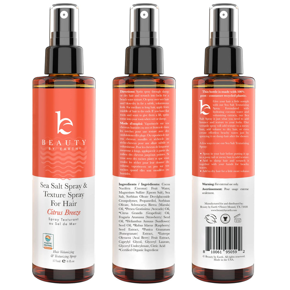 Eco packaging of Beauty by Earth sea salt spray signals sustainable choice.