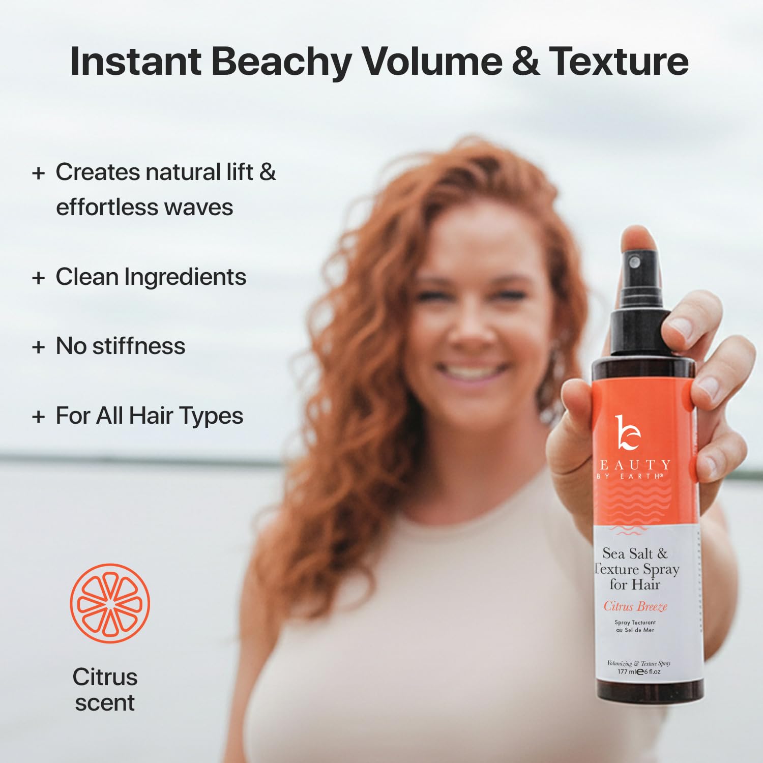 Close-up of Beauty by Earth sea salt spray enhancing texture for waves.