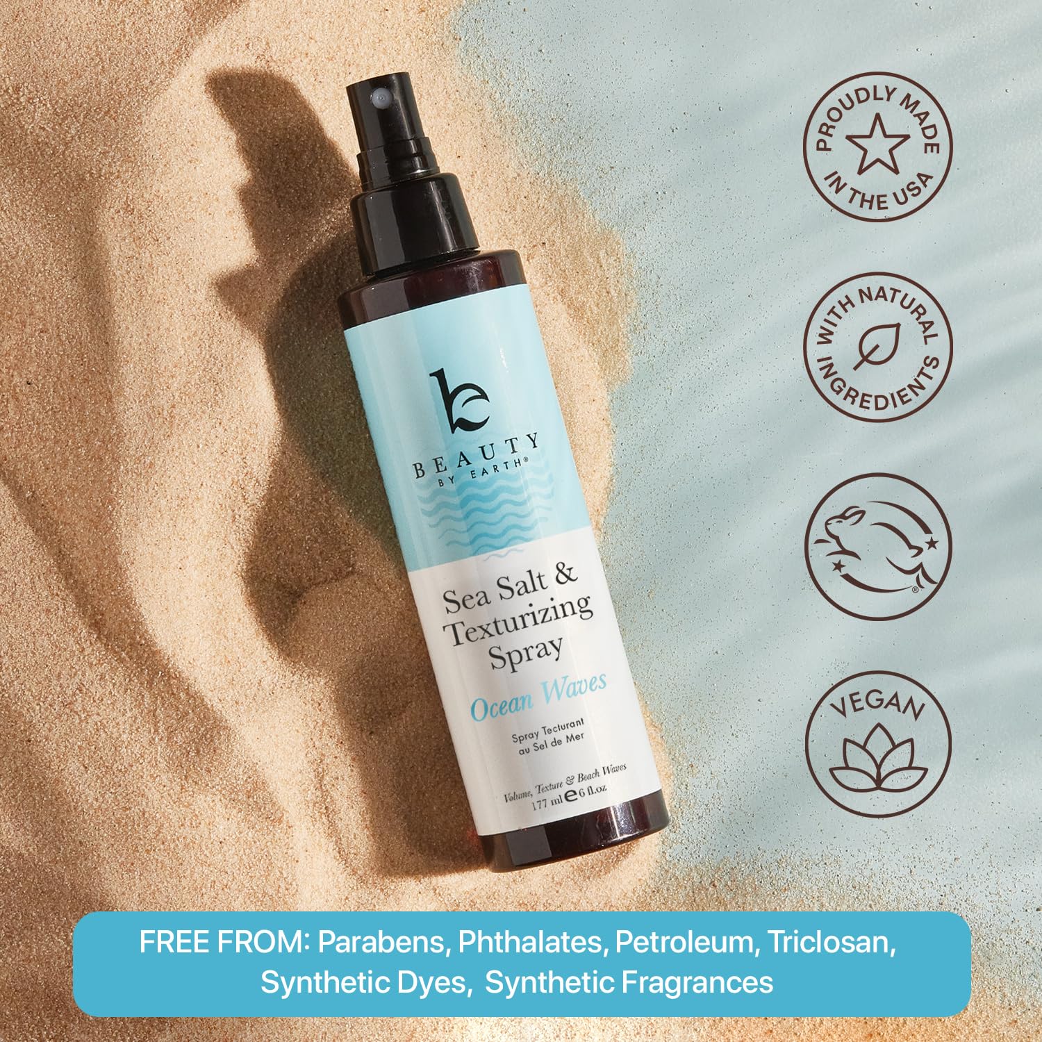 Beauty by Earth Sea Salt Spray close-up demonstrates added volume.