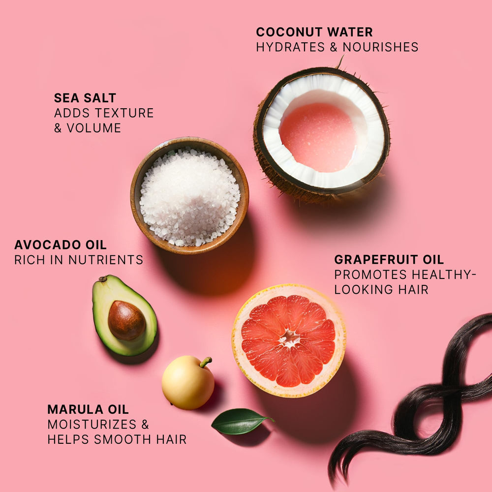 Volume boost shown with Beauty by Earth sea salt spray for fuller hair.