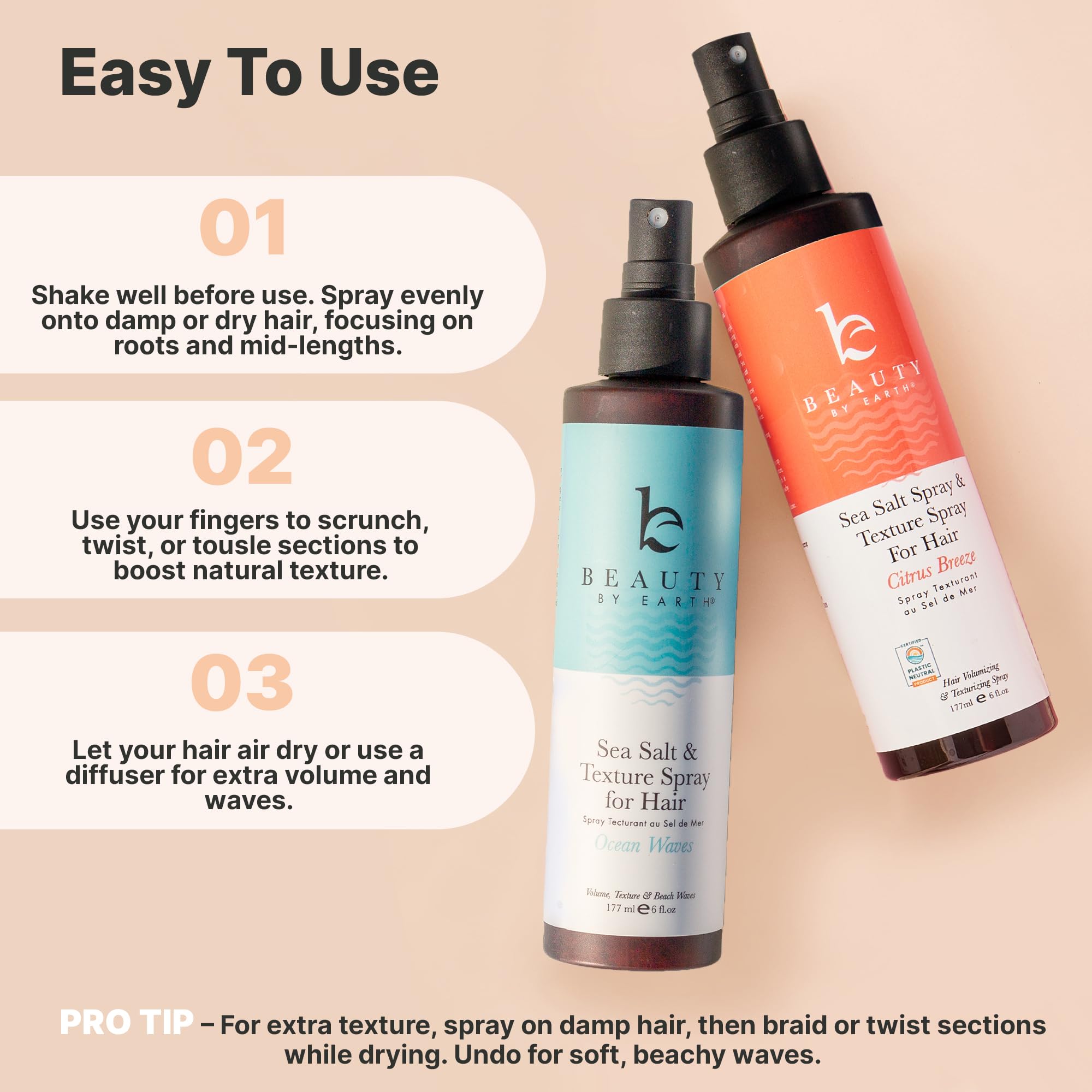 Waves close-up highlights natural texture from Beauty by Earth sea salt spray.