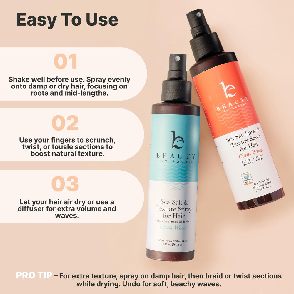 Waves close-up highlights natural texture from Beauty by Earth sea salt spray.