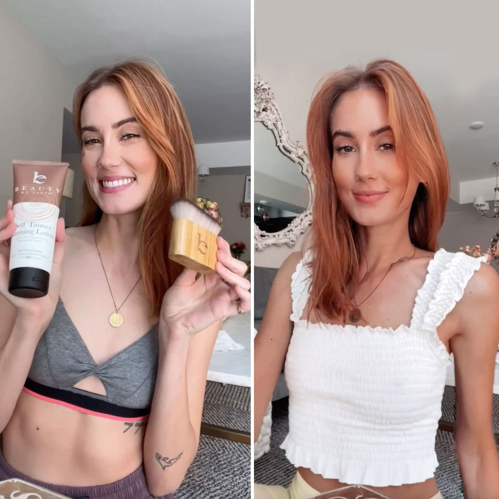 Beauty by Earth before-and-after collage shows natural glow without orange tones.