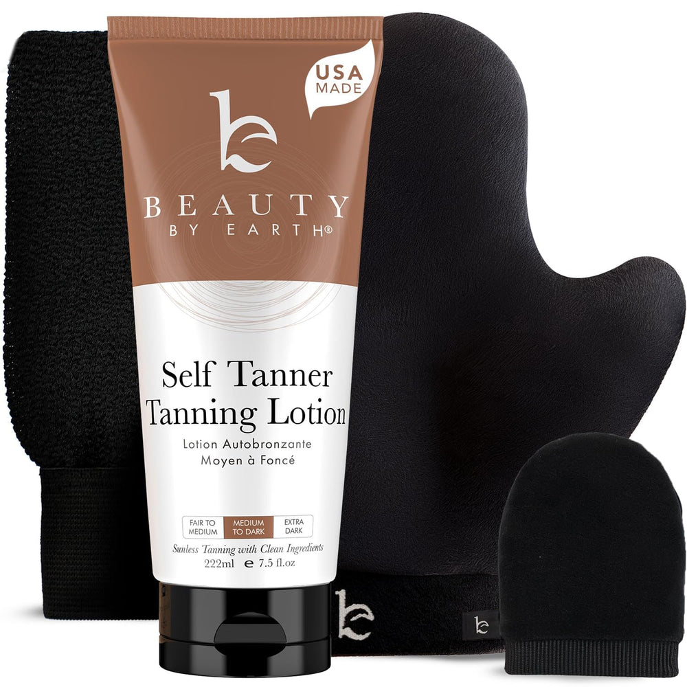 Beauty by Earth self-tanner lotion bottle for natural, streak-free color