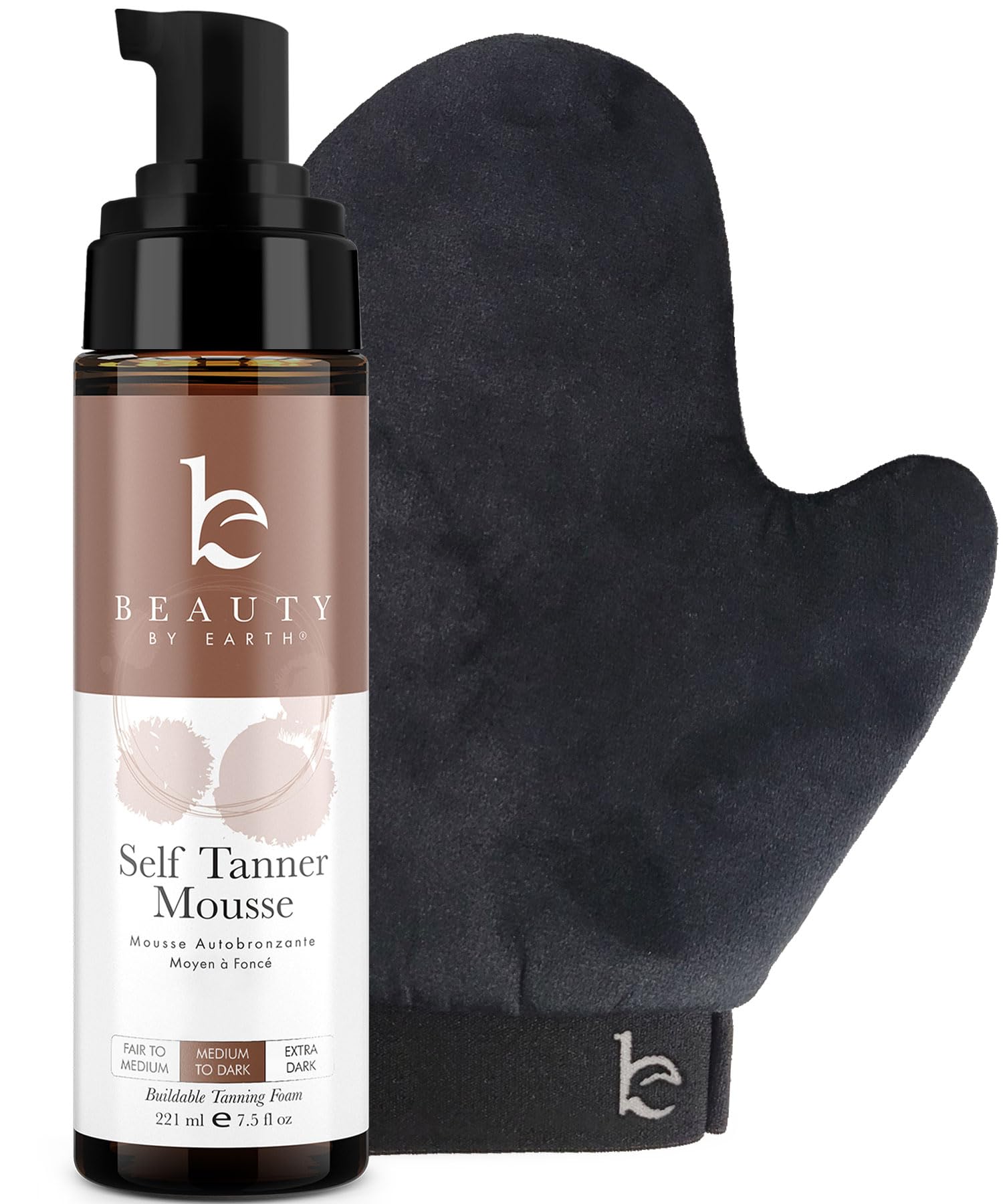 Beauty by Earth self-tanner mousse application for a natural, streak-free glow.