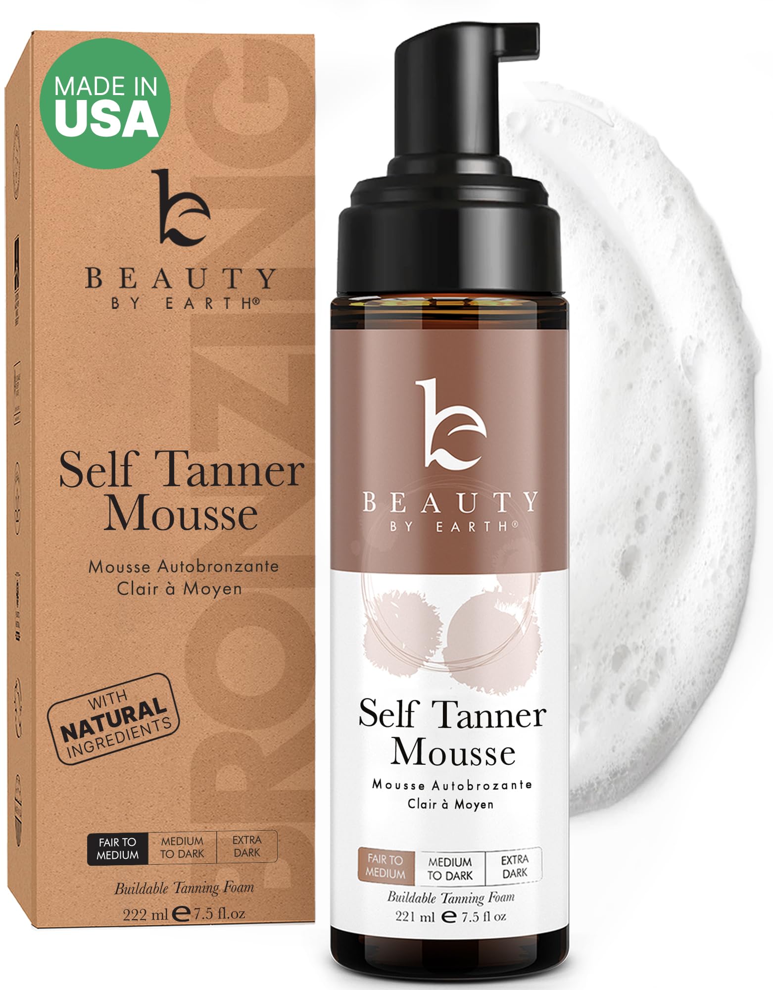 Beauty by Earth self-tanner mousse bottle closeup showcases a clean USA-made formula for natural glow.