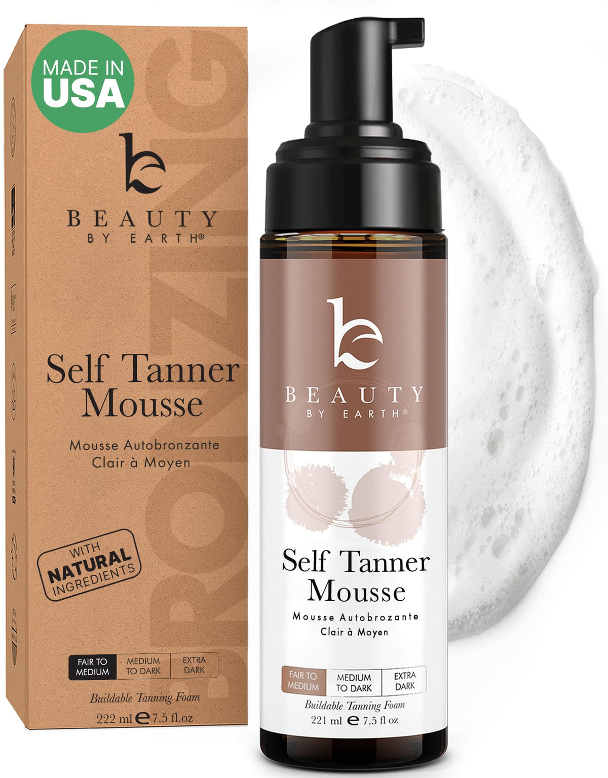 Beauty by Earth self-tanner mousse bottle closeup showcases a clean USA-made formula for natural glow.