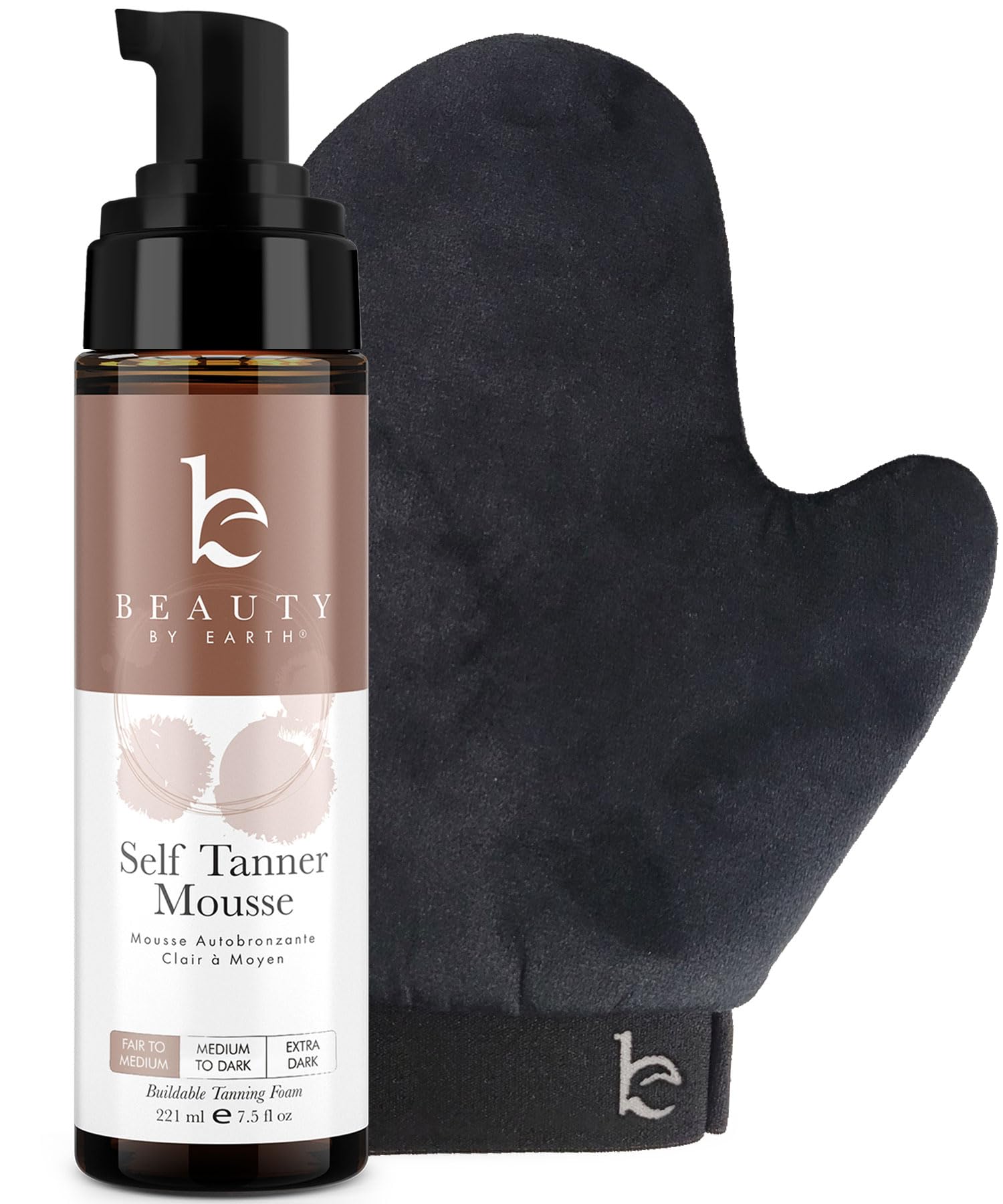 Beauty by Earth self-tanner mousse bottle for natural sun-kissed glow.